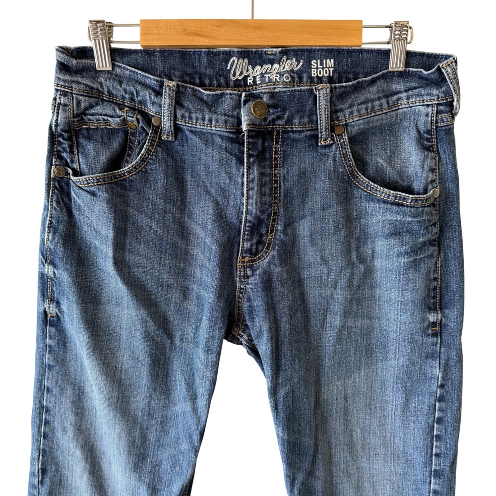 Wrangler Retro Slim Boot Men 33x34 Medium Wash Stretch Denim Jeans WLT77LY - Picture 4 of 12